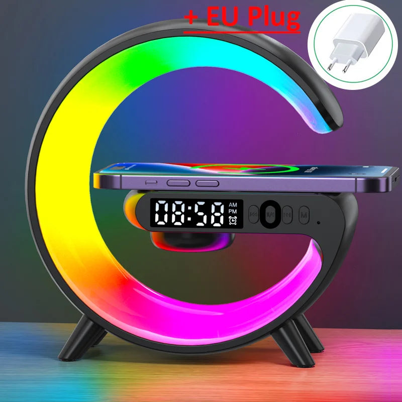 Carregador sem fio multifuncional Pad Stand Speaker TF RGB Night Light 15W Estação de carregamento rápido para iPhone Samsung Xiaomi Huawei