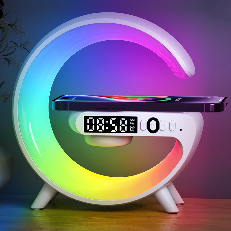 Carregador sem fio multifuncional Pad Stand Speaker TF RGB Night Light 15W Estação de carregamento rápido para iPhone Samsung Xiaomi Huawei