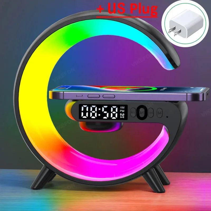 Carregador sem fio multifuncional Pad Stand Speaker TF RGB Night Light 15W Estação de carregamento rápido para iPhone Samsung Xiaomi Huawei