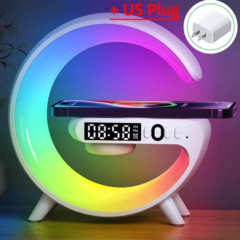 Carregador sem fio multifuncional Pad Stand Speaker TF RGB Night Light 15W Estação de carregamento rápido para iPhone Samsung Xiaomi Huawei